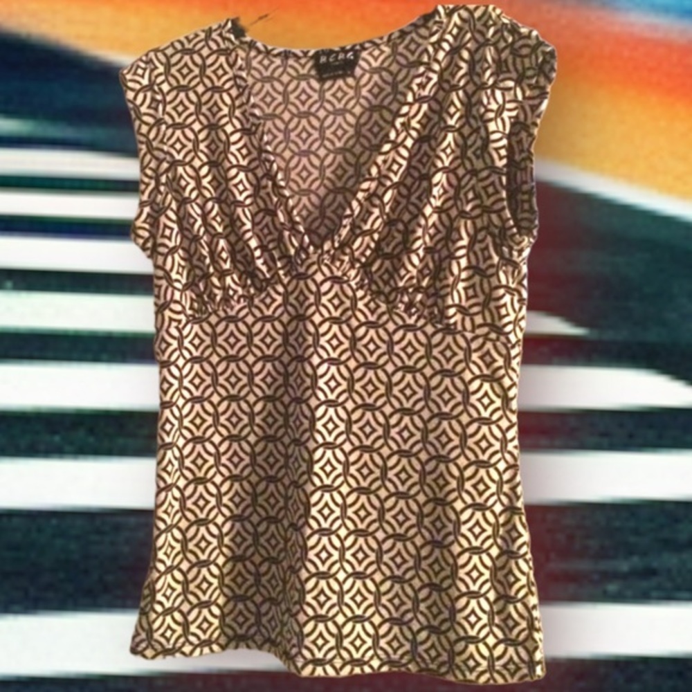Vintage BCBG Paris Brown Geometric Faux Wrap Draped Top Y2K Small